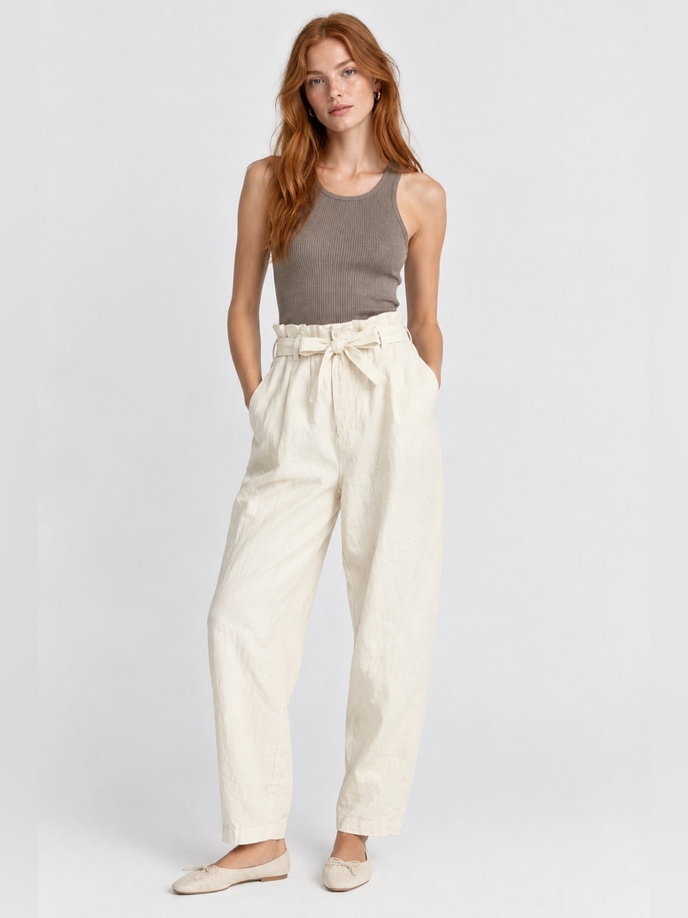 FREE PEOPLE 90s Peg Paperbag Pleated Pants / Trousers 100% COTTON | CREAM SIZE 2